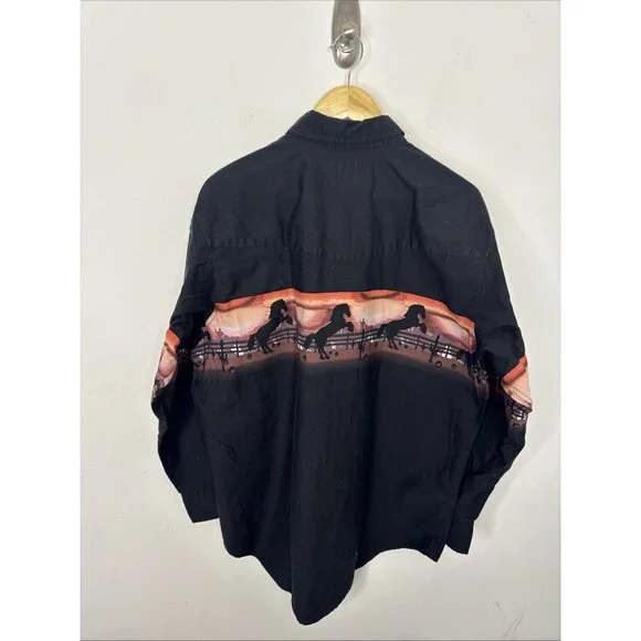 Cumberland Men XL Pearl Snap Long Sleeve Shirt Black Horse Western - Picture 4 of 4